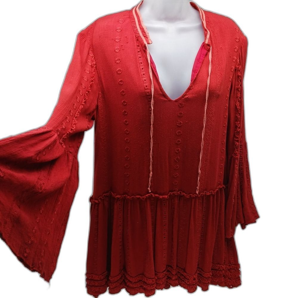Rayon Red/Rust Colored Boho Lined Tunic V-tie Neck, Long Bell Sleeve Woman's L..